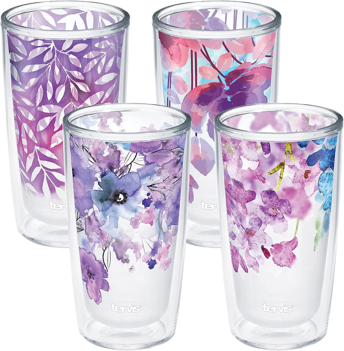 Tervis Made in USA Double Walled Watercolor Floral Purple - Crystal Insulated Tumbler Cup Keeps Drinks Cold & Hot, 16oz, Delicate Leaves