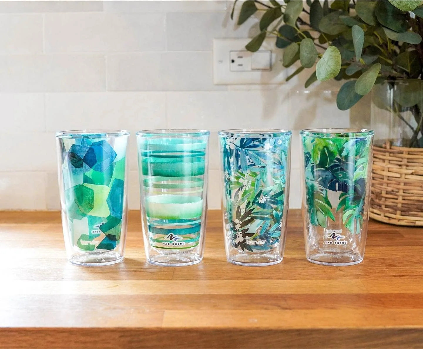 Tervis Yao Cheng Green Crystal Made in USA Double Walled Insulated Tumbler Travel Cup Keeps Drinks Cold & Hot, 16oz, Hexagon Green Blue