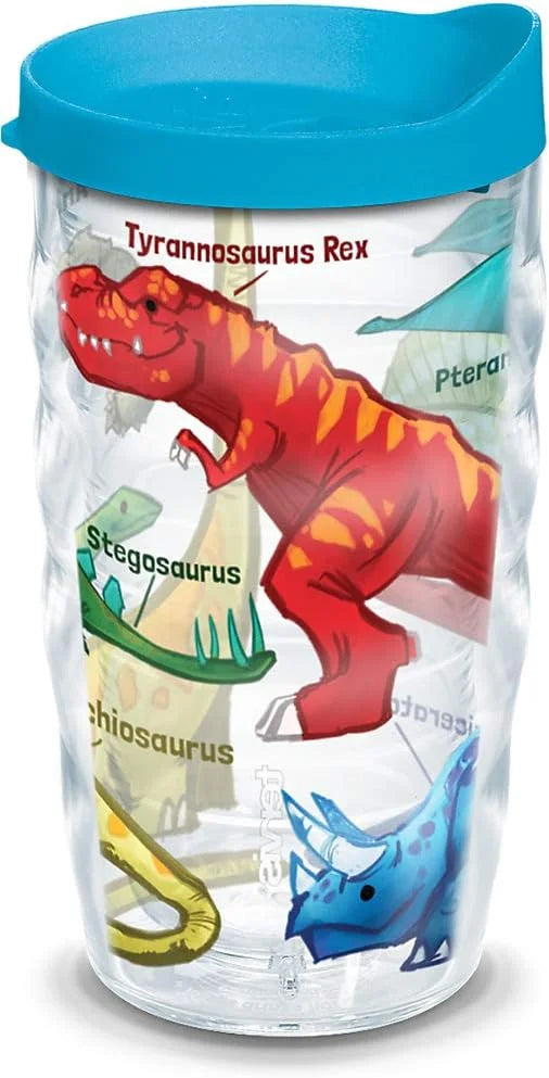 Tervis Made in USA Double Walled Dinosaurs Insulated Plastic Tumbler Cup Keeps Drinks Cold & Hot, 10oz Wavy - Blue Lid, Clear