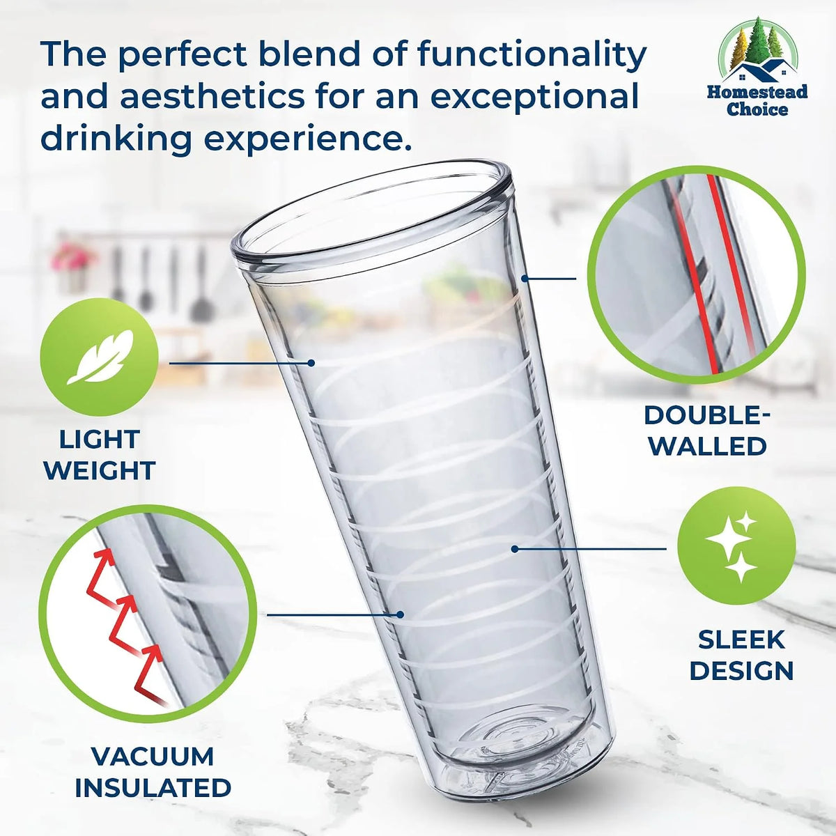 Insulated Drinking Glasses 16oz 2-pack - Great for Iced Coffee & Hot Drinks