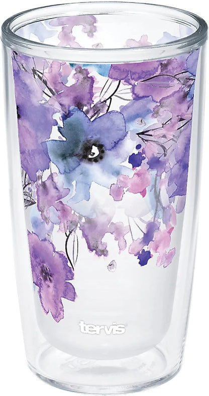 Tervis Made in USA Double Walled Watercolor Floral Purple - Crystal Insulated Tumbler Cup Keeps Drinks Cold & Hot, 16oz, Delicate Leaves