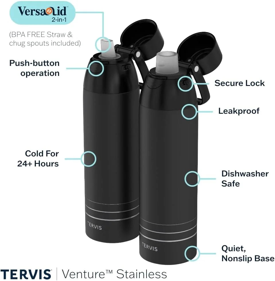 Tervis Venture Water Bottle Onyx Shadow Powder Coated Triple Walled Insulated Tumbler Travel Cup Keeps Drinks Cold & Hot, 36oz, Stainless Steel
