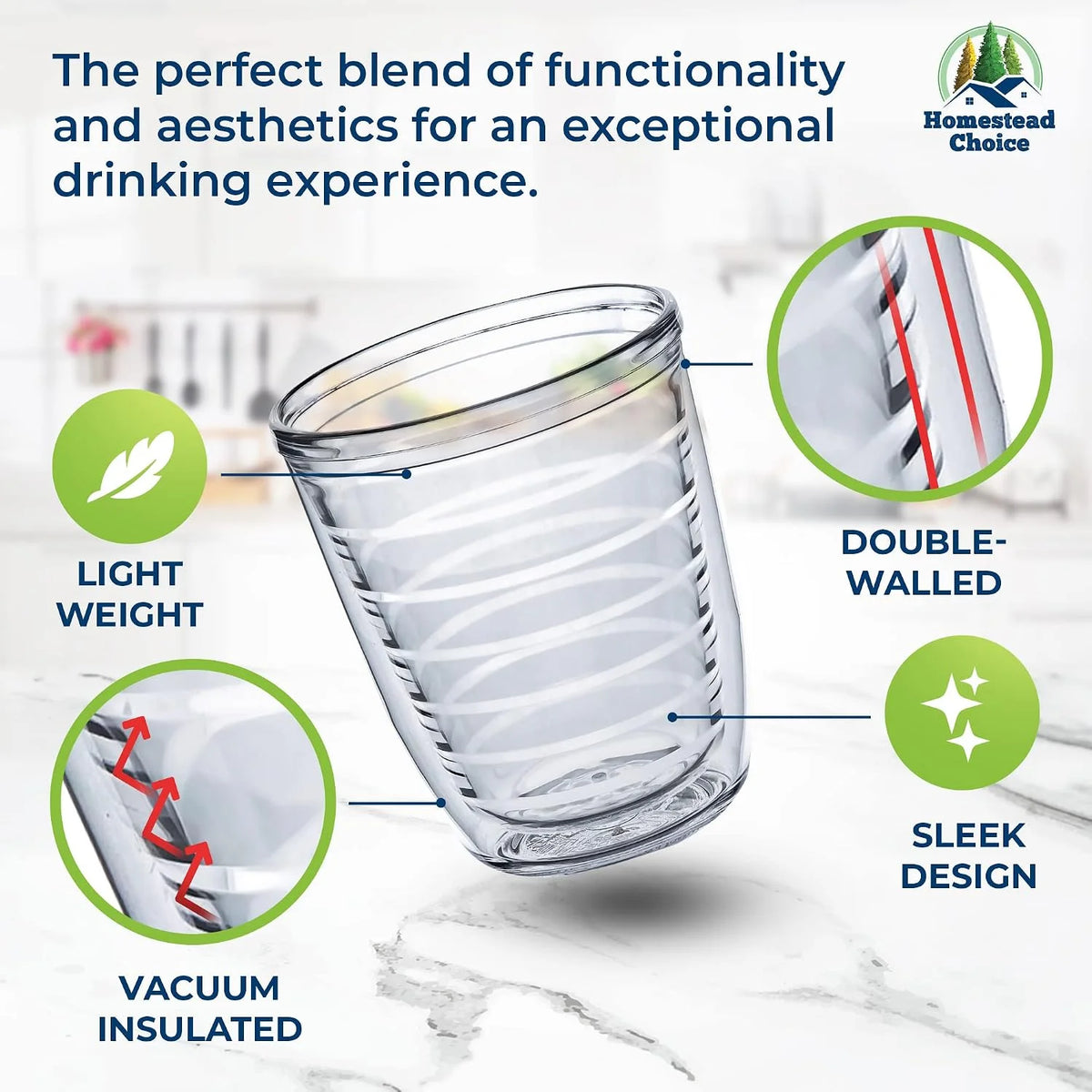 Insulated Drinking Glasses 16oz 2-pack - Great for Iced Coffee & Hot Drinks