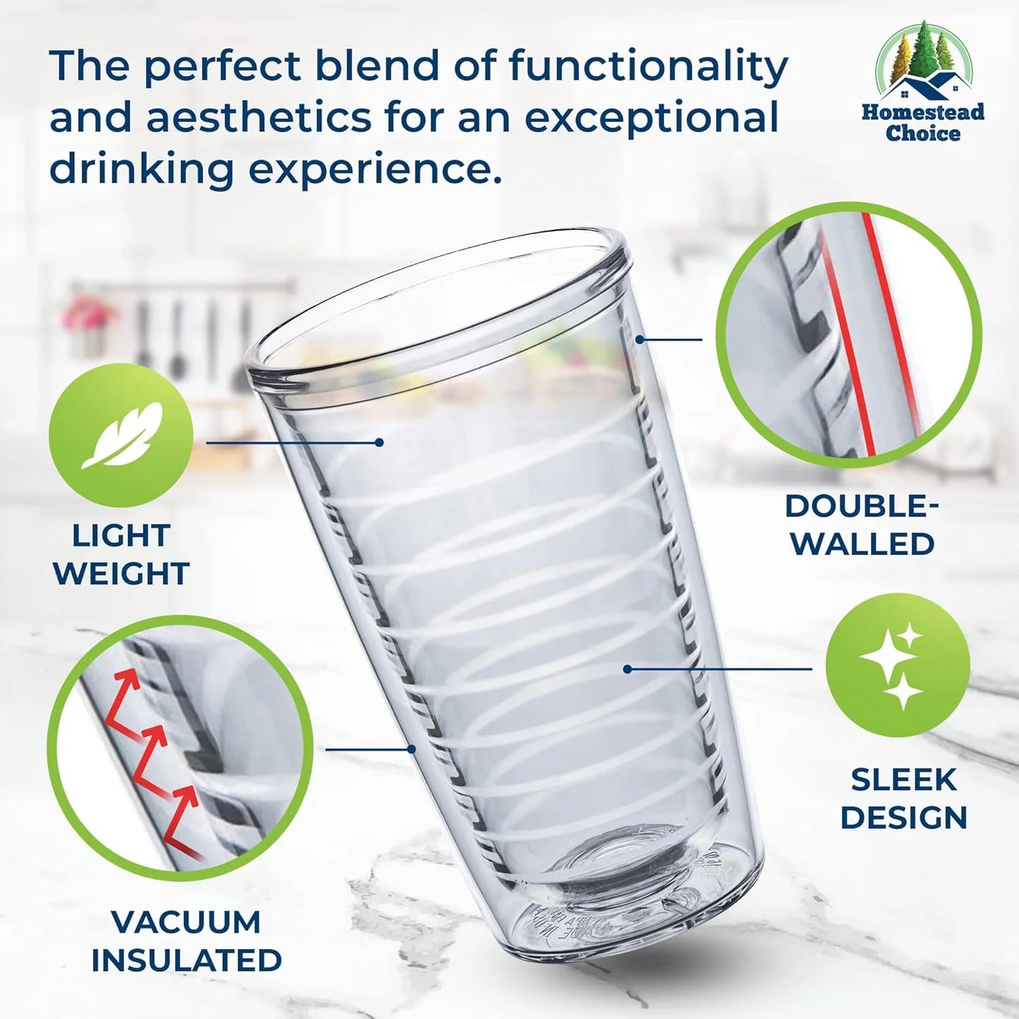 Insulated Drinking Glasses 16oz 2-pack - Great for Iced Coffee & Hot Drinks