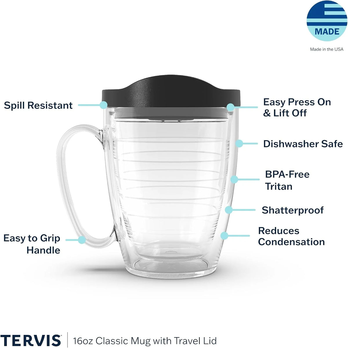 Tervis Clear & Colorful Lidded Made in USA Double Walled Insulated Tumbler Travel Cup Keeps Drinks Cold & Hot, 16oz Mug, Clear Lid