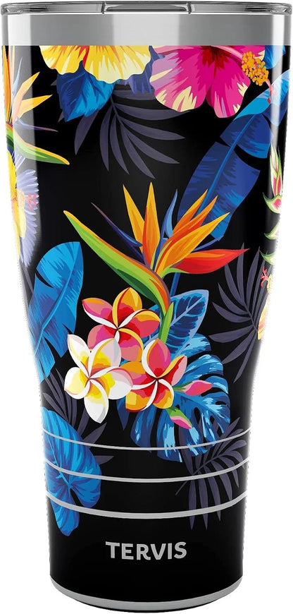Tervis Traveler Tropical Collection Floral flower bright bold black hibiscus palm bird paradise Triple Walled Insulated Tumbler Travel Cup Keeps Drinks Cold & Hot, 20oz, Stainless Steel