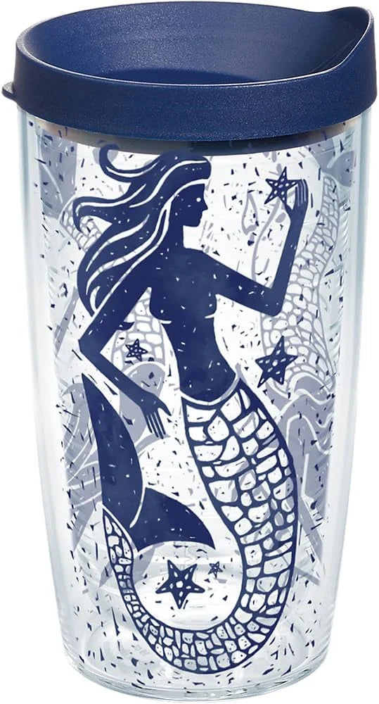 Tervis Vintage Mermaid Collage Tumbler with Wrap and Navy Lid 24oz, Clear, 1 Count (Pack of 1)