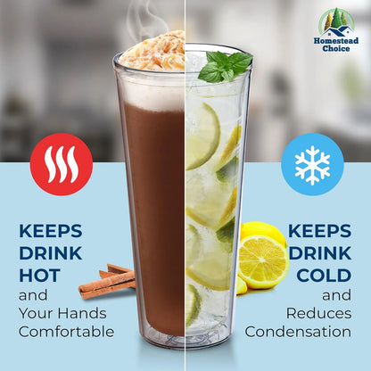Insulated Drinking Glasses 16oz 2-pack - Great for Iced Coffee & Hot Drinks