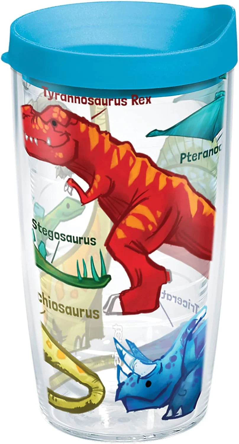 Tervis Made in USA Double Walled Dinosaurs Insulated Plastic Tumbler Cup Keeps Drinks Cold & Hot, 10oz Wavy - Blue Lid, Clear