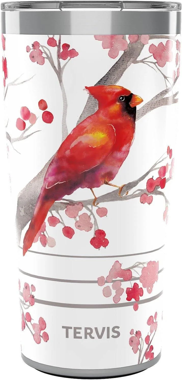 Tervis Traveler Christmas Holiday Cardinal and Berry Branches Triple Insulated Tumbler Travel Cup Keeps Drinks Cold & Hot, 30oz, Stainless Steel