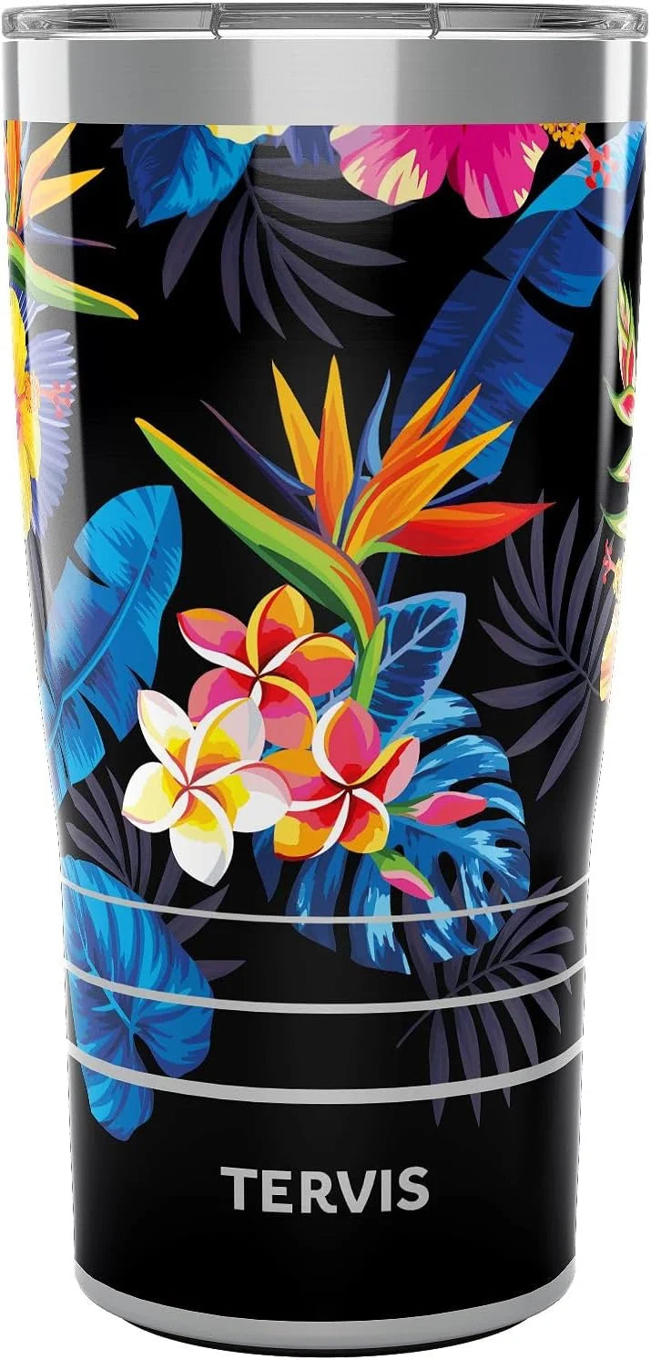 Tervis Traveler Tropical Collection Floral flower bright bold black hibiscus palm bird paradise Triple Walled Insulated Tumbler Travel Cup Keeps Drinks Cold & Hot, 20oz, Stainless Steel