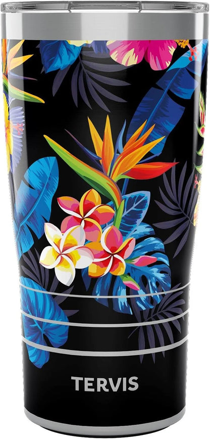 Tervis Traveler Tropical Collection Floral flower bright bold black hibiscus palm bird paradise Triple Walled Insulated Tumbler Travel Cup Keeps Drinks Cold & Hot, 20oz, Stainless Steel