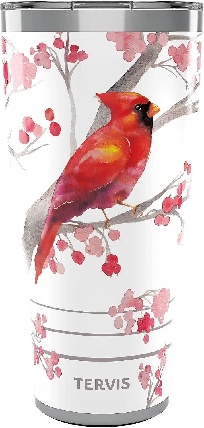 Tervis Traveler Christmas Holiday Cardinal and Berry Branches Triple Insulated Tumbler Travel Cup Keeps Drinks Cold & Hot, 30oz, Stainless Steel
