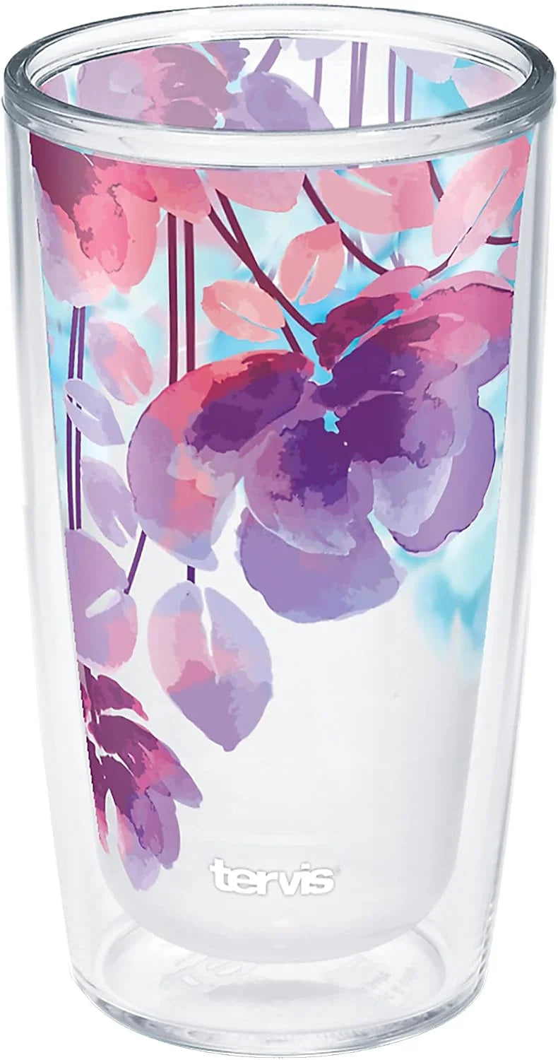 Tervis Made in USA Double Walled Watercolor Floral Purple - Crystal Insulated Tumbler Cup Keeps Drinks Cold & Hot, 16oz, Delicate Leaves