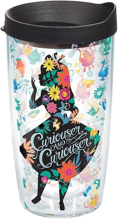 Tervis 1269202 Disney-Alice in Wonderland Curiouser Insulated Tumbler with Wrap and Black Lid, 16oz, Clear