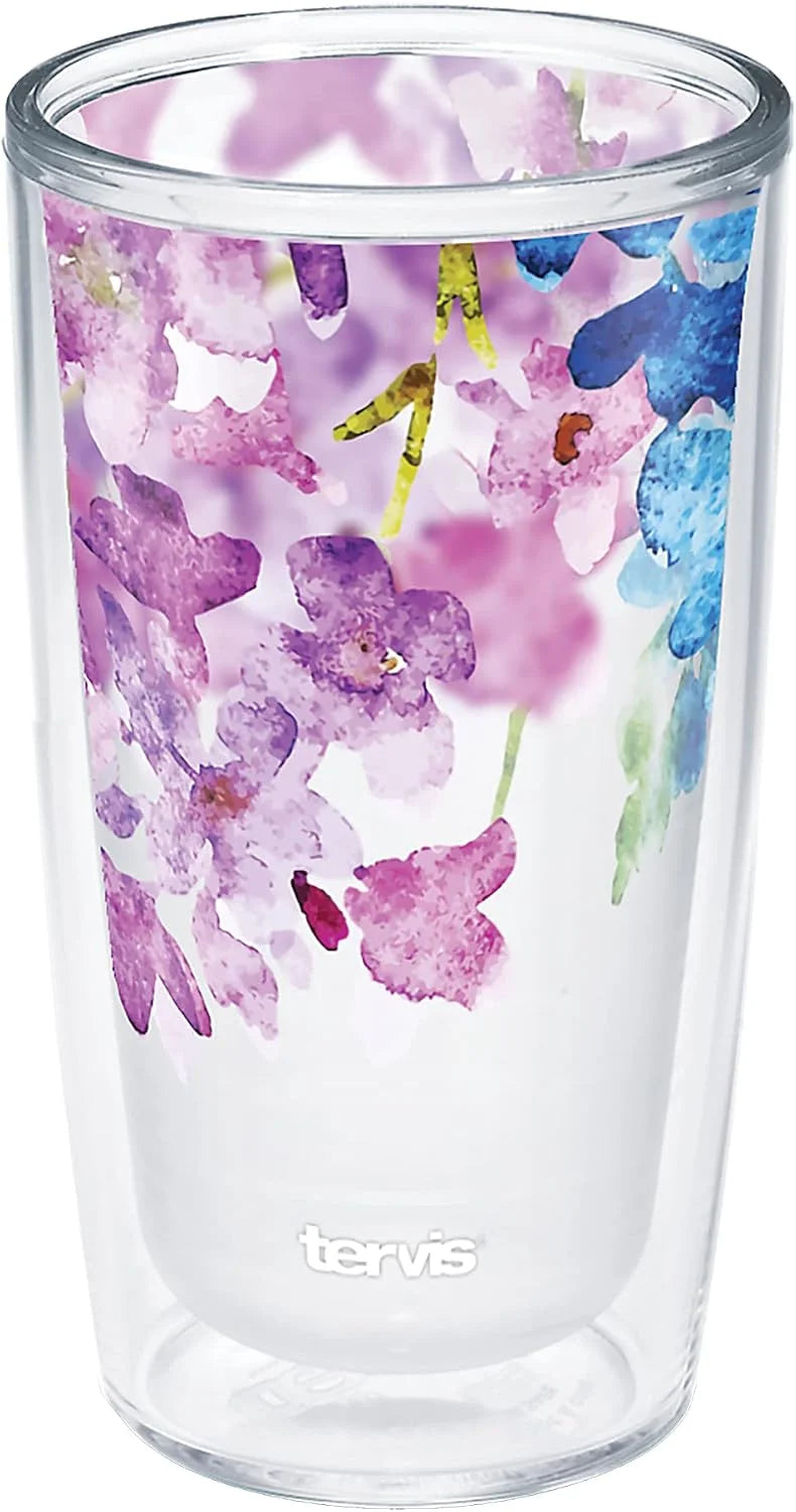 Tervis Made in USA Double Walled Watercolor Floral Purple - Crystal Insulated Tumbler Cup Keeps Drinks Cold & Hot, 16oz, Delicate Leaves